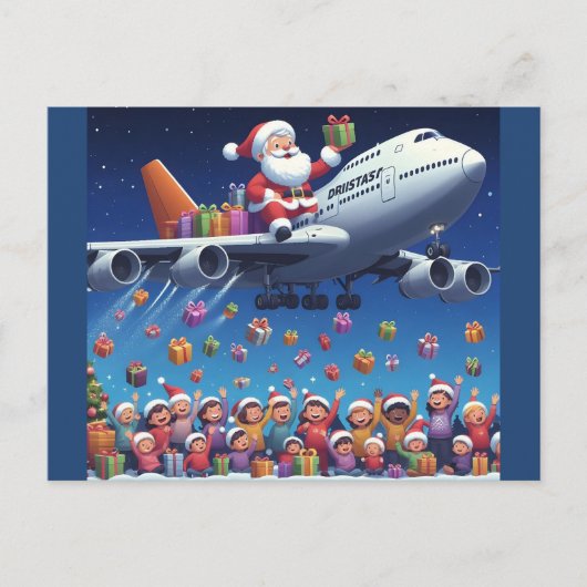 ジャンボジェット機はがきに乗ってサンタが乗る ポストカード (正面)