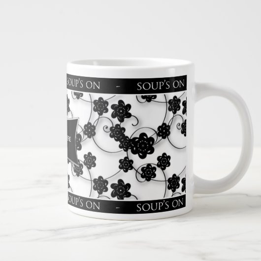 ジャンボスープマグ-白黒フローラデザイン ジャンボコーヒーマグカップ (右)