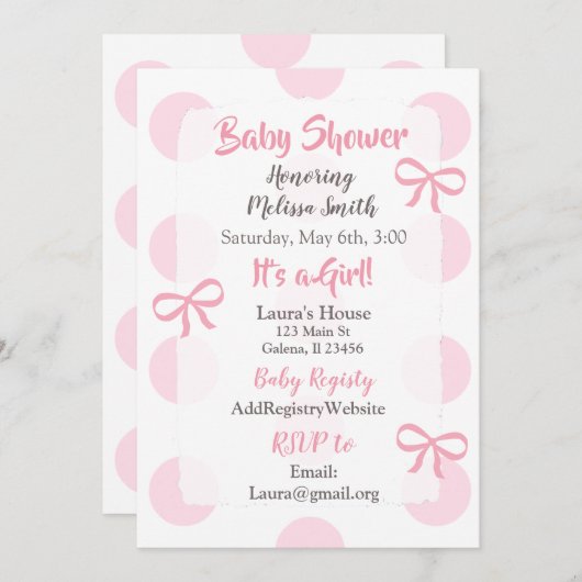 ジャンボピンク水玉模様ガールズベビーシャワー招待状 招待状 (正面/裏面)