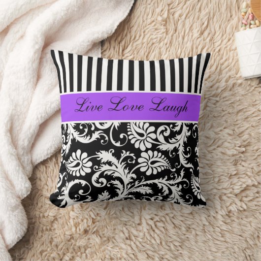 ジャンボ紫色の白黒のストライプのダマスク織の枕 クッション (ブランケット)