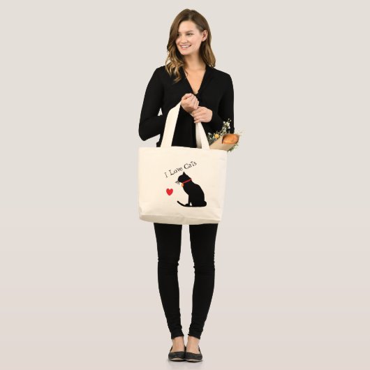 ジャンボIラブキャッツ赤いハートとホワイトグラフィックトート ラージトートバッグ (正面(モデル))