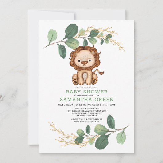 ジャンモダングルライオンの緑の金ゴールドが共同で赤ちゃんシャワー 招待状 (正面)