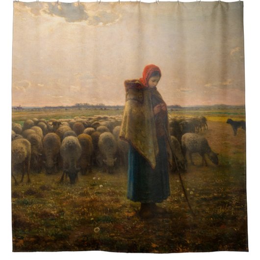ジャン=フランソワ・ミレー – 羊飼いの娘と群れ1863 シャワーカーテン (正面)