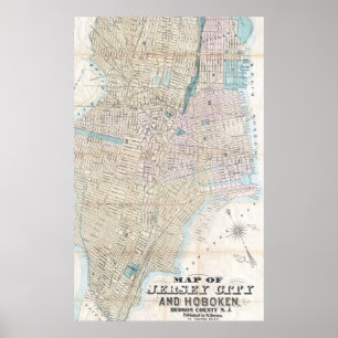 ジャージーシティーおよびHoboken (1886年)のヴィンテージの地図 ポスター