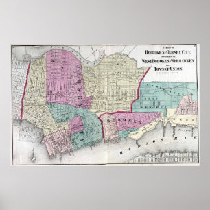 ジャージーシティー、Hoboken及びWeehawken NJのヴィンテージの地図 ポスター