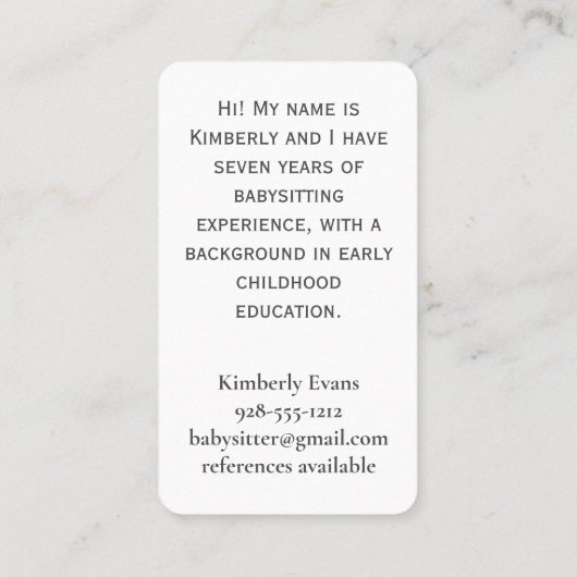 ジャージーショアスウィートでベビーシッターのサービス 名刺 (裏面)