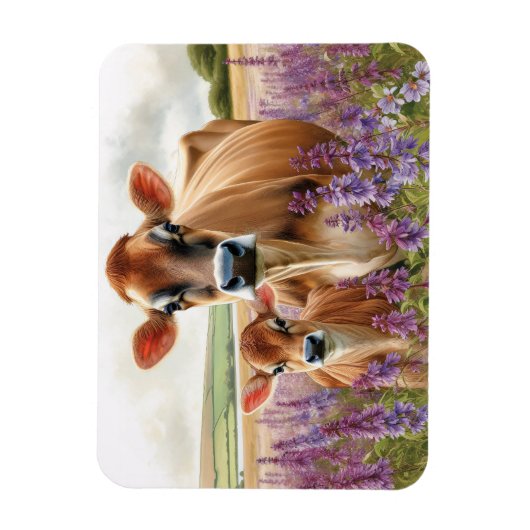 ジャージー牛と子牛のワイルドフラワーフレキシブル マグネット (縦)