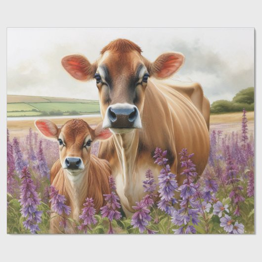 ジャージー牛と子牛の野生の花の減退 ラッピングペーパー (フラット)