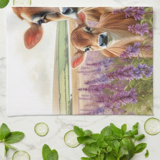 ジャージー牛と子牛の野生の花 キッチンタオル (折り畳み)