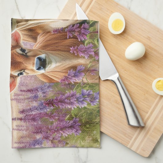 ジャージー牛と子牛の野生の花 キッチンタオル (四つ折り)