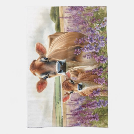 ジャージー牛と子牛の野生の花 キッチンタオル (縦)