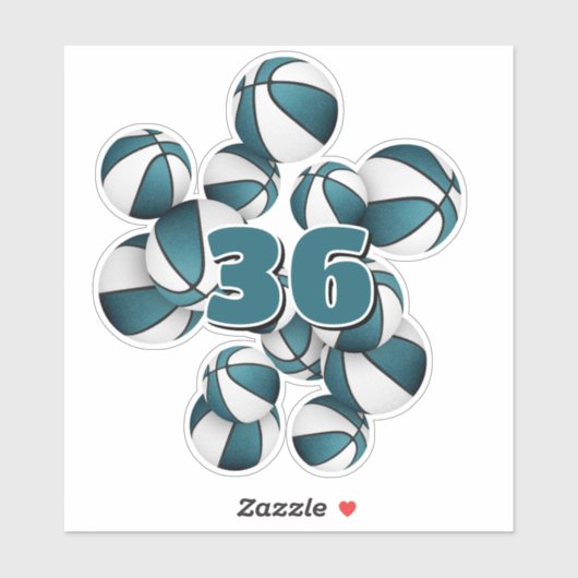 ジャージー番号のティール(緑がかった色)の白いバスケットボールのクラスタ シール (シート)