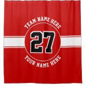 ジャージー番号、チーム名、プレイヤー名赤と白 シャワーカーテン (正面)