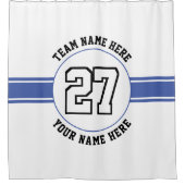 ジャージー番号、チーム、選手の名前の青いスポーツ シャワーカーテン (正面)