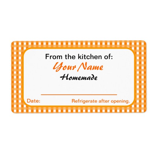 ジャースパーソナライズされたオレンジ色チェックのラベルの缶詰 ラベル (正面)