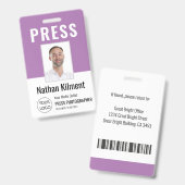 ジャーナリストのプレスパス写真名ロゴID紫 バッジ (正面＆裏面)