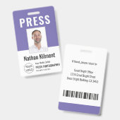 ジャーナリストのプレスパス写真名ロゴID紫 バッジ (正面＆裏面)