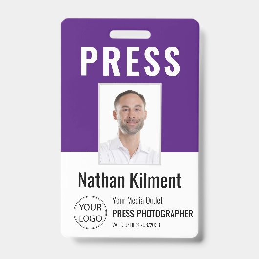ジャーナリストプレスパス写真名ロゴIDパープル バッジ (正面)