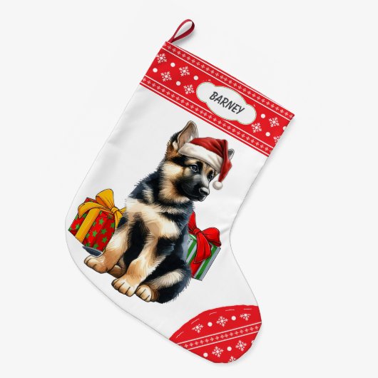 ジャーマンシェパピースサンタハットスノーフレーク ラージクリスマスストッキング (正面 (吊り時))