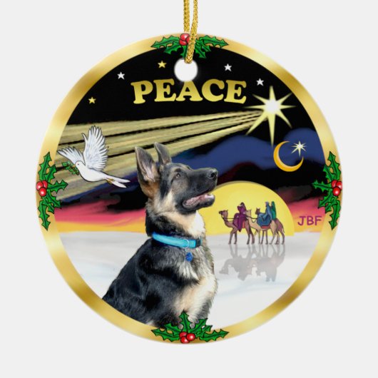 ジャーマンシェパードとクリスマスの鳩(平和) セラミックオーナメント (正面)