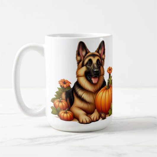 ジャーマンシェパードのかぼちゃと花に囲まれたリラックス姿 コーヒーマグカップ (左)