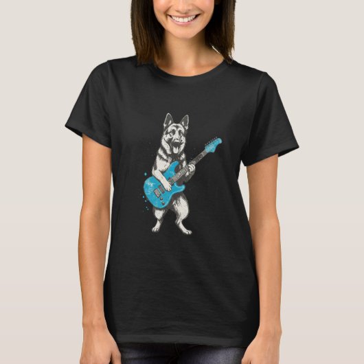 ジャーマンシェパードのギター演奏Tシャツ - 楽しいG Tシャツ (正面)
