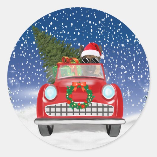 ジャーマンシェパードのクリスマス運転手 ラウンドシール (正面)