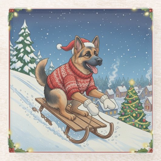 ジャーマンシェパードのソリ遊び、クリスマスコースター ガラスコースター (正面)