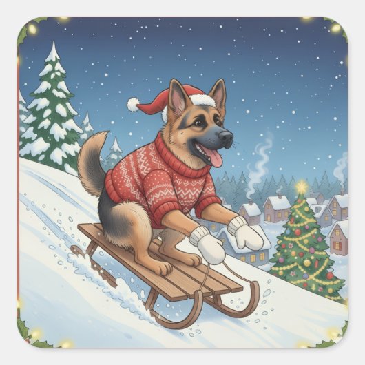 ジャーマンシェパードのソリ遊び、クリスマスステッカー スクエアシール (正面)