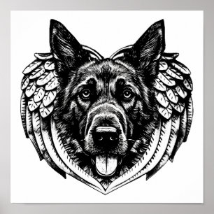 ジャーマンシェパードの天使の犬の頭のアートイラスト ポスター
