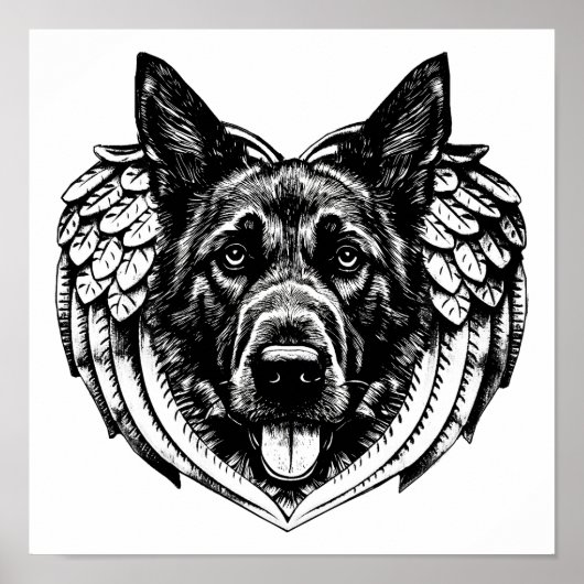 ジャーマンシェパードの天使の犬の頭のアートイラスト ポスター (正面)