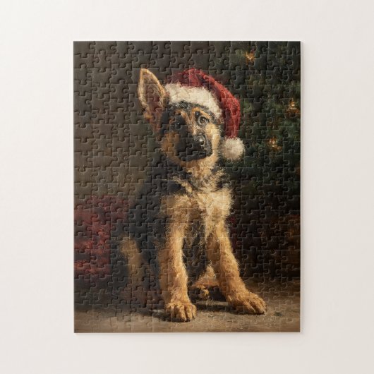 ジャーマンシェパードの子犬のクリスマス絵画 ジグソーパズル (縦)