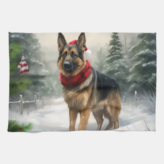 ジャーマンシェパードの犬と雪のクリスマス キッチンタオル (横)