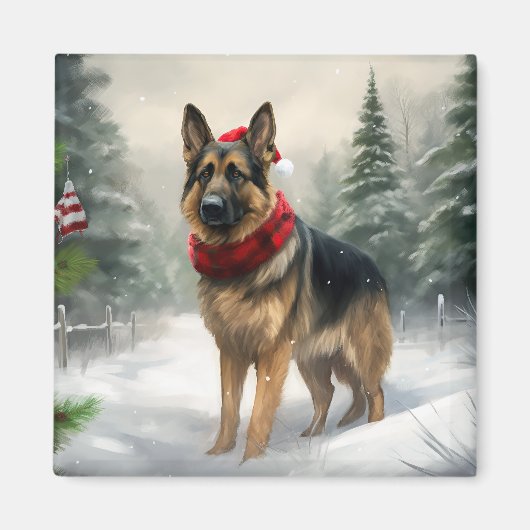 ジャーマンシェパードの雪のクリスマス マグネット (正面)