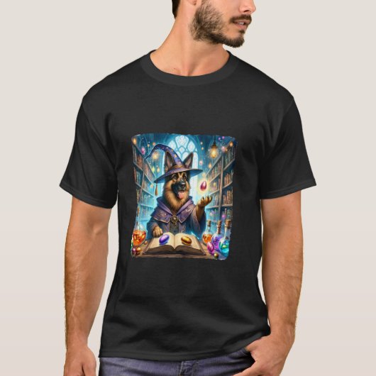 ジャーマンシェパードの魔法使いがアイテムを卵に変える。犬 Tシャツ (正面)