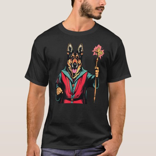 ジャーマンシェパードの魔法使い 面白い犬のマジック Tシャツ (正面)
