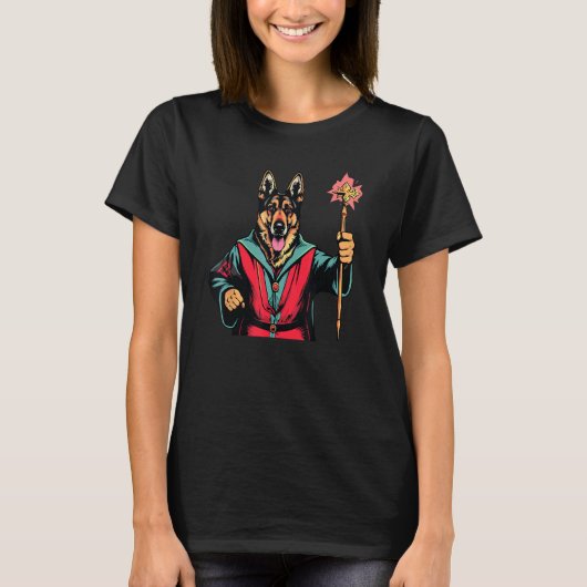 ジャーマンシェパードの魔法使い 面白い犬のマジック Tシャツ (正面)