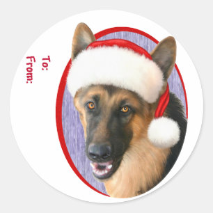 ジャーマンシェパードクリスマスサンタハットギフトラベル ラウンドシール