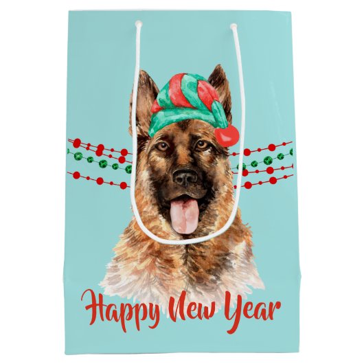 ジャーマンシェパードドッグサンタハットホリデーストリングビーズ ミディアムペーパーバッグ (裏面)