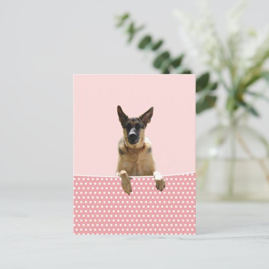 ジャーマンシェパードドッグピンク水玉模様 ポストカード (スタンド正面)