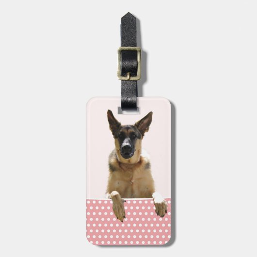 ジャーマンシェパードドッグピンク水玉模様 ラゲッジタグ (正面縦)