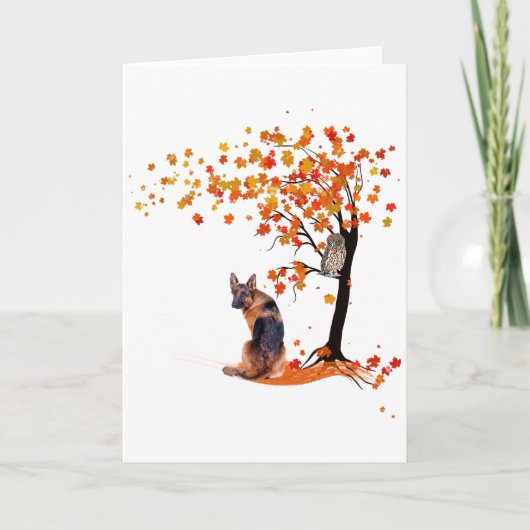 ジャーマンシェパードフクロウと秋ツリー犬のオーナー秋 カード (正面)