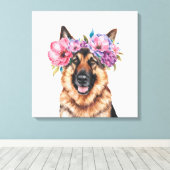 ジャーマンシェパードフラワークラウンウォーターカラープリント キャンバスプリント (インサイチュ (ウッドフロア))