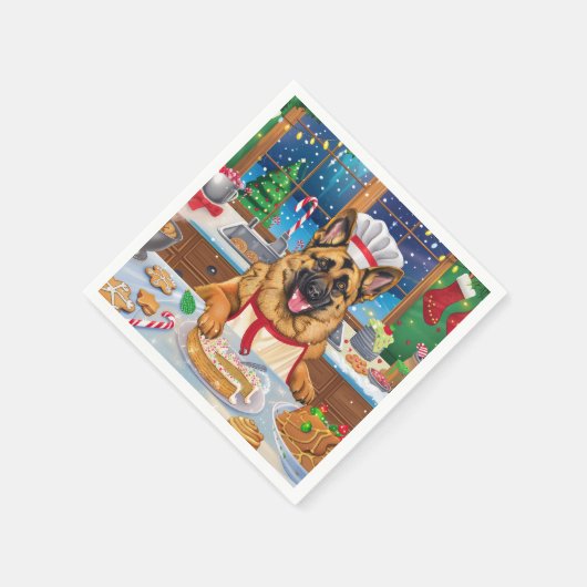 ジャーマンシェパードホリデーベーキング:フェスティバルクリスマス スタンダードカクテルナプキン (角)