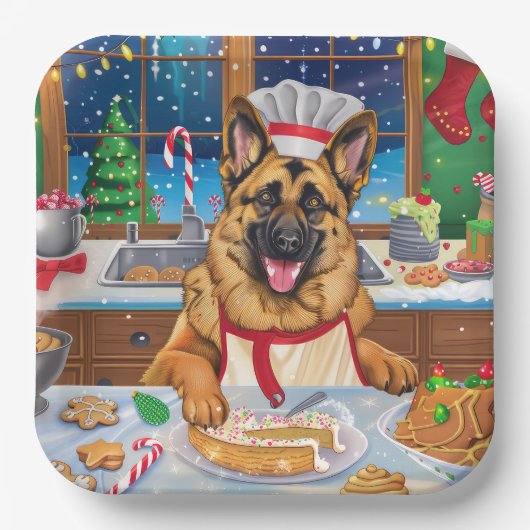 ジャーマンシェパードホリデーベーキング:フェスティバルクリスマス ペーパープレート (正面)
