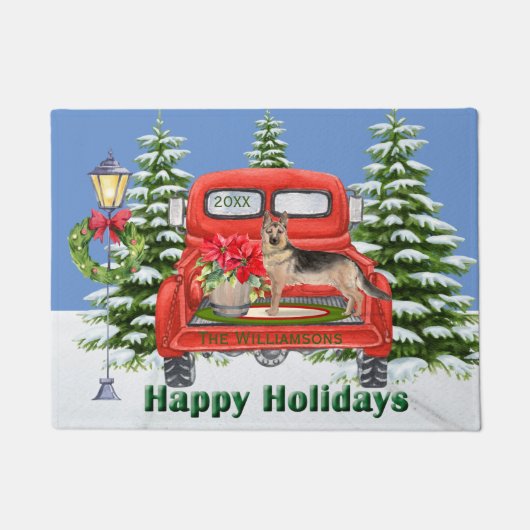 ジャーマンシェパードレッドヴィンテージトラックファミリー名 ドアマット (正面)