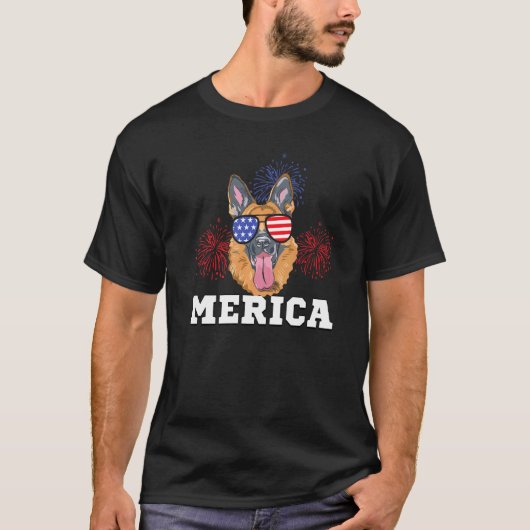 ジャーマンシェパード アメリカ国旗 7月4日 Tシャツ (正面)