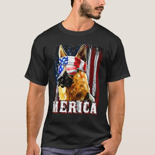 ジャーマンシェパード アメリカ国旗 7月4日 Tシャツ (正面)