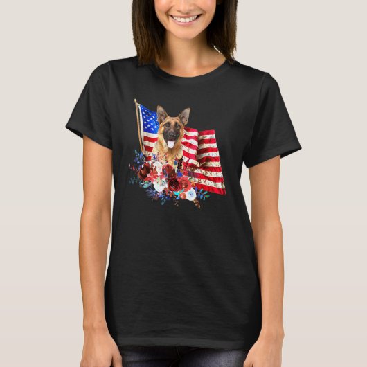 ジャーマンシェパード アメリカ 愛国旗 ハッピー独立記念日 Tシャツ (正面)