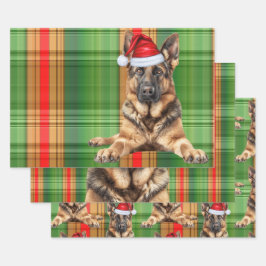 ジャーマンシェパード クリスマス犬 赤 チェック ホリデー ラッピングペーパーシート